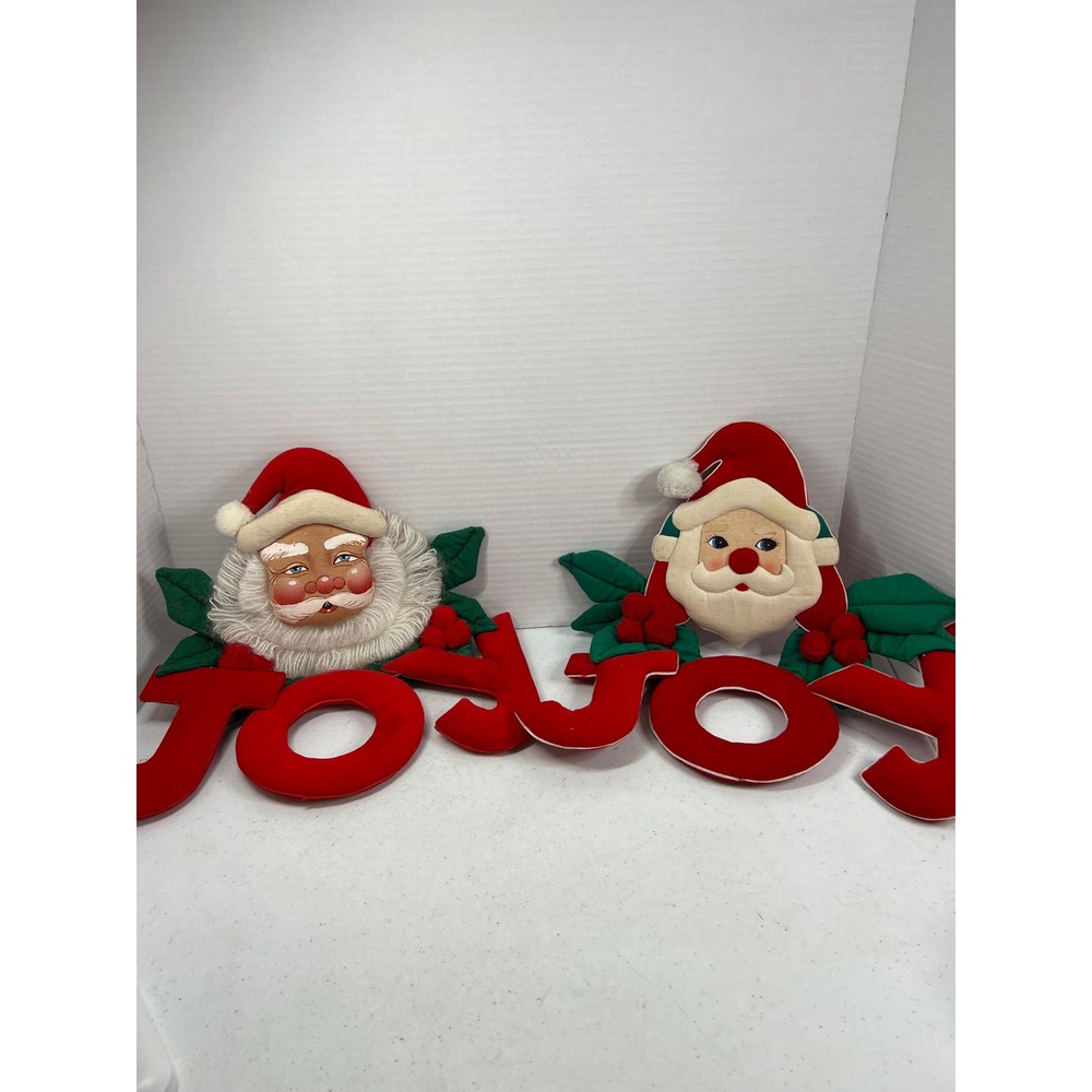 Vintage Christmas Corner JOY Santa Wall Hanging Set of 2 Red Green Plush Decor